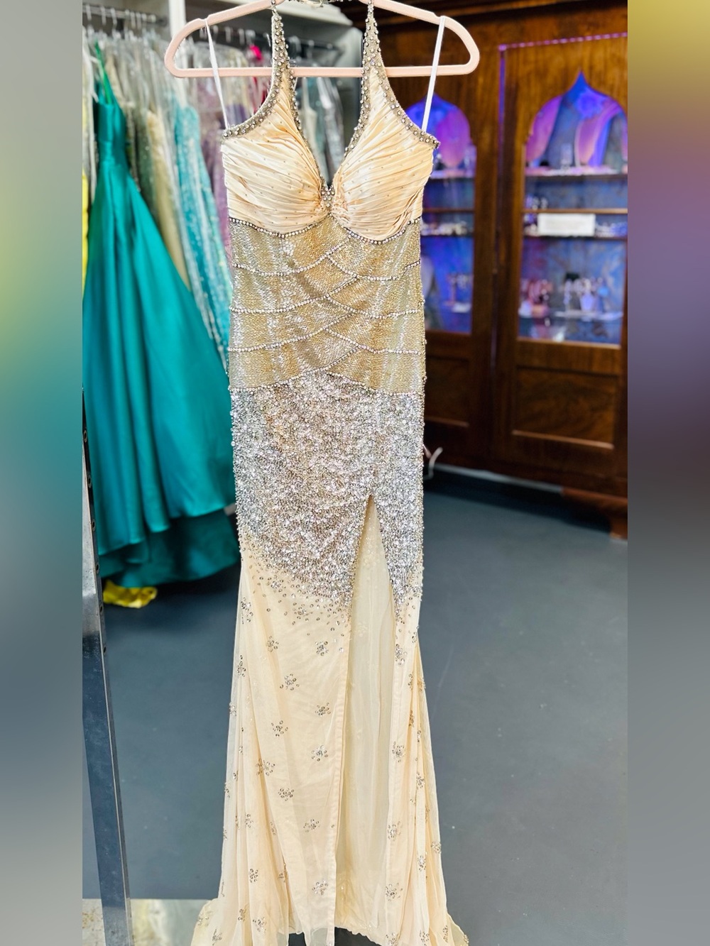 Claire's Champagne and Silver Beaded Evening Gown